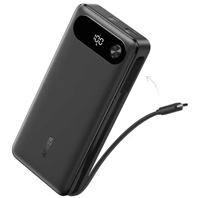 Anker powerbank 20000 mAh, 87 W, z wbudowanym kablem USB-C, czarny